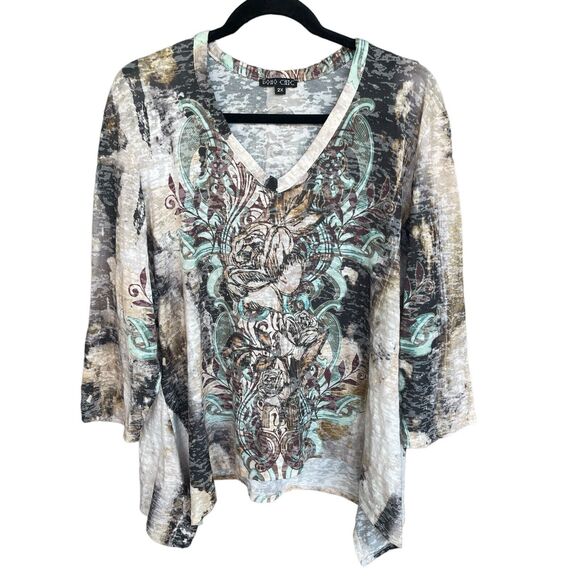 Boho Chic Top Womens Plus Size 2X 3/4 Sleeve Sharkbite Hem Abstract Western - Picture 1 of 9